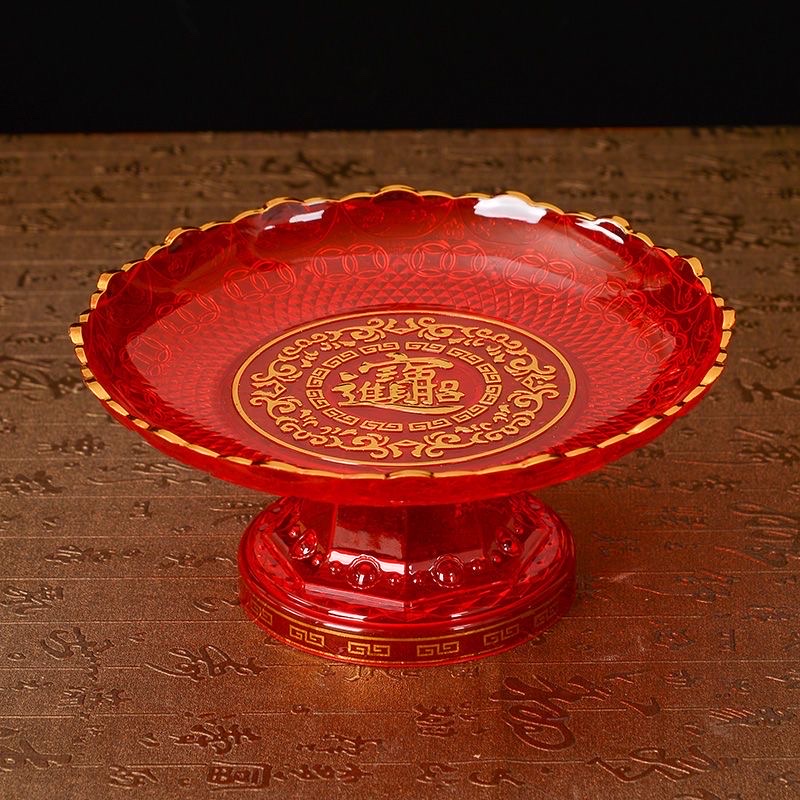 Đĩa hoa quả ban thờ, đĩa trái cây thờ cúng, chất liệu nhựa cao cấp mô phỏng thuỷ tinh, bề rộng 22cm đựng 5 quả to