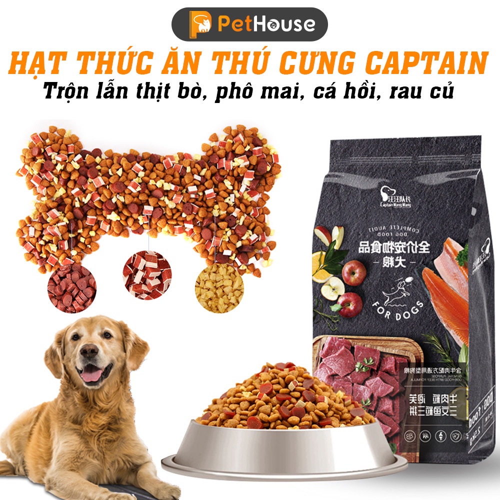 Hạt thức ăn cún cưng Captain (Túi 2.5Kg) trộn lẫn thịt bò, phô mai, cá hồi, rau củ