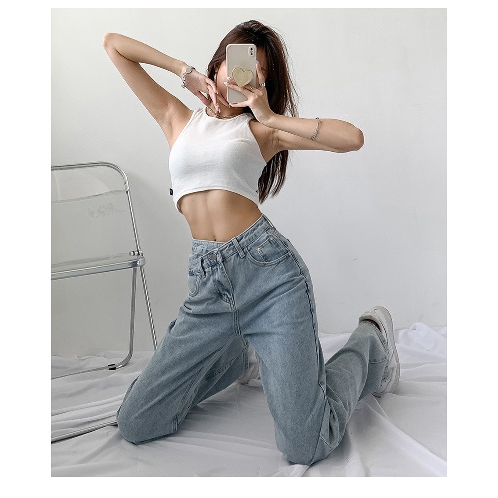 Quần Jeans Ống Rộng Ulzzang Lưng Cao Gài Eo 2 Màu Đen - Xanh QD023