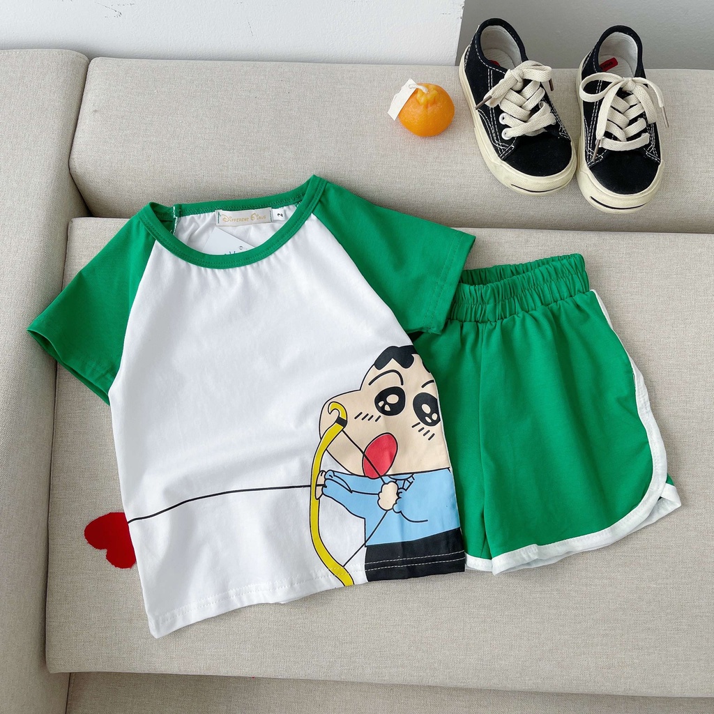 Bộ Cộc Tay Hè Cotton In Hình Shin, Bộ Đồ Cho Bé Trai Bé Gái Từ 8-27kg
