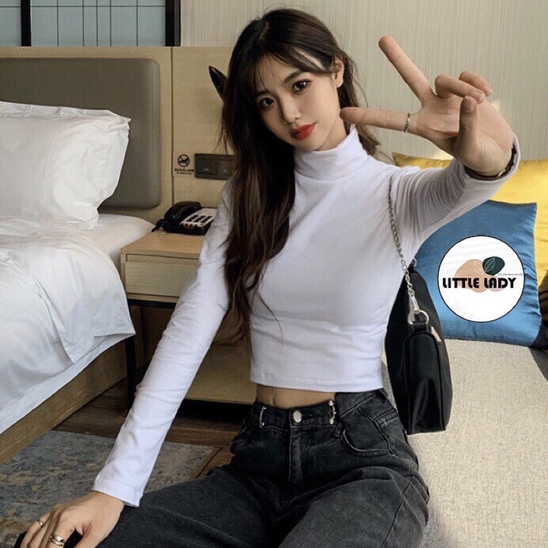Áo thun croptop cổ lọ tay dài