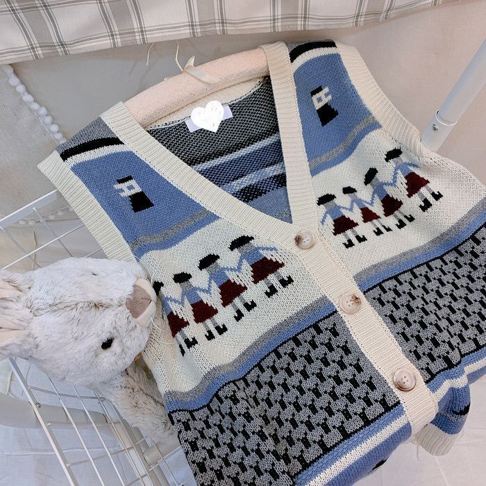 Áo khoác ghi lê dệt kim cổ V dáng rộng hình người tuyết thời trang