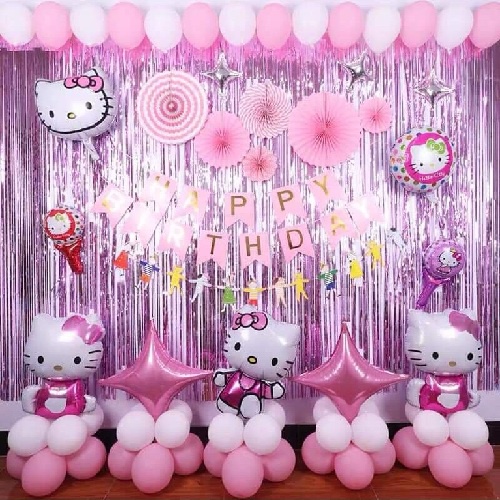 Set Bong Bóng Trang Trí Sinh Nhật Happy Birthday Chủ Đề Hello Kitty Cho Bé Gái Đầy Đủ Phụ Kiện Rèm Bơm Keo