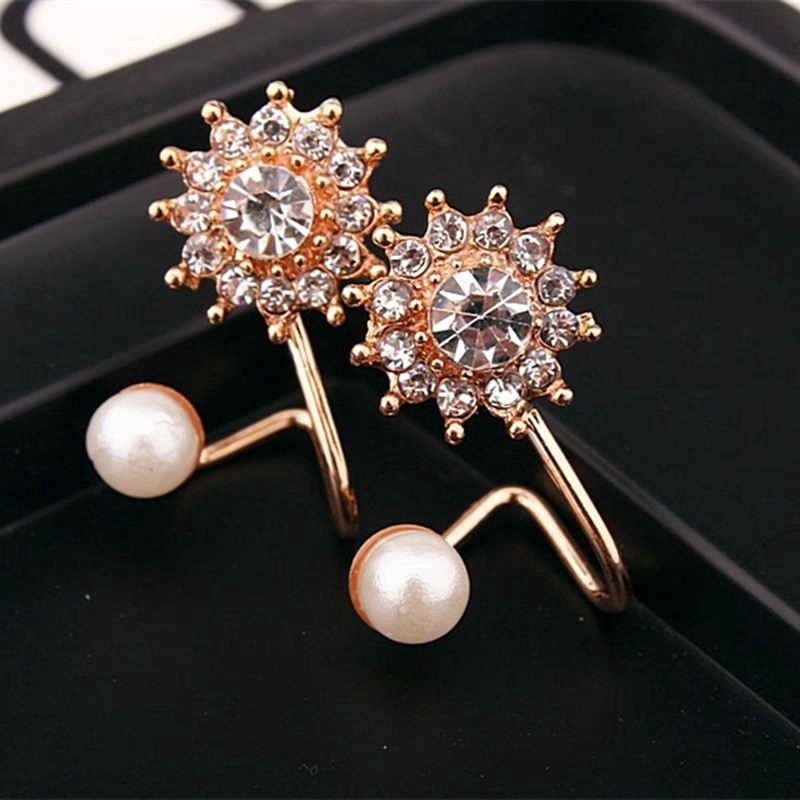 Exquisite Cute Full Diamond Snowflake Sweet Pearl Stud Earrings Girl Student