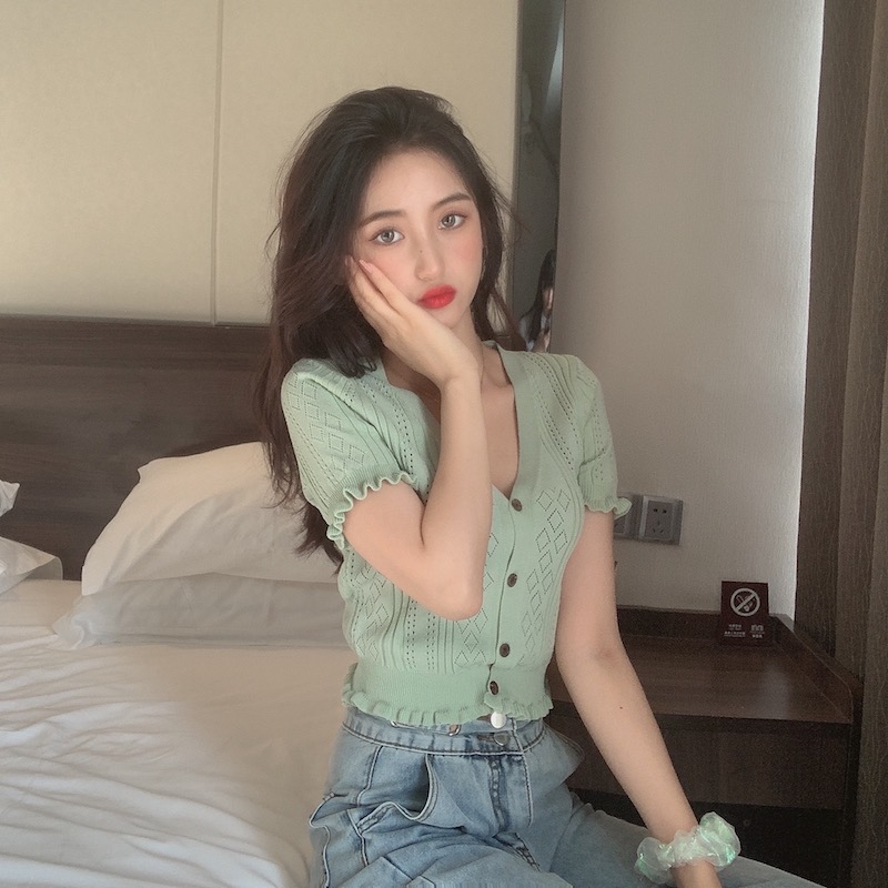 SUXI Áo Croptop Dệt Kim Tay Ngắn Thiết Kế Cổ Chữ V Thanh Lịch