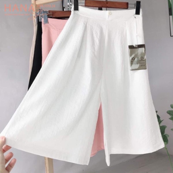 Quần lửng nữ ống rộng suông xếp ly giả váy cạp lưng cao đen trắng dáng quần đũi lửng ngố nữ dài qua gối ở nhà đi biển