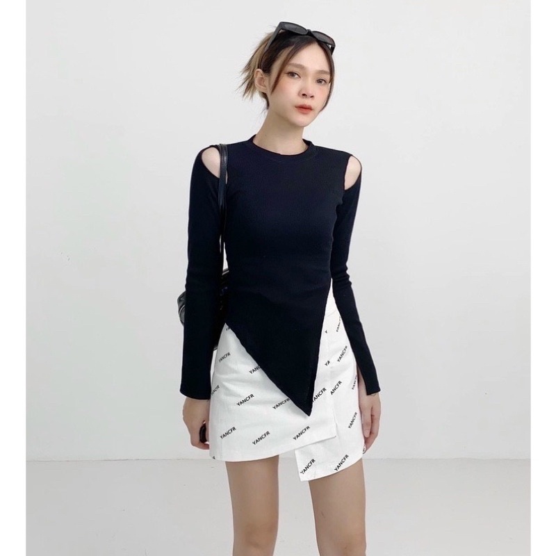 Áo croptop ôm body hở vai lạ mắt vạt tam giác lệch nhọn dài tay xẻ tà 287 FIORI STORE