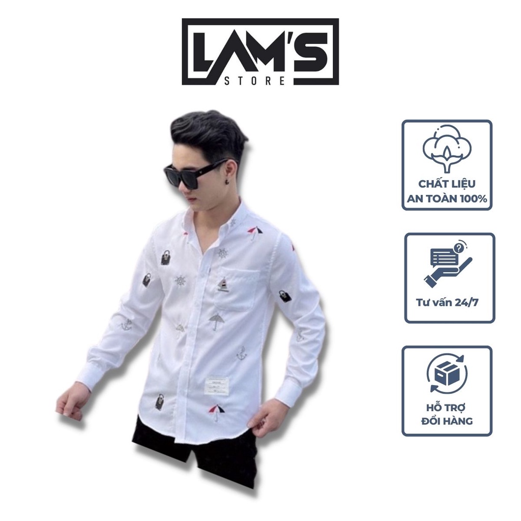 Áo sơ mi nam Thom Browne dài tay hoạ tiết thêu độc đáo mầu trắng LAM'S STORE, chất liệu vải gai cao cấp, thoáng mát