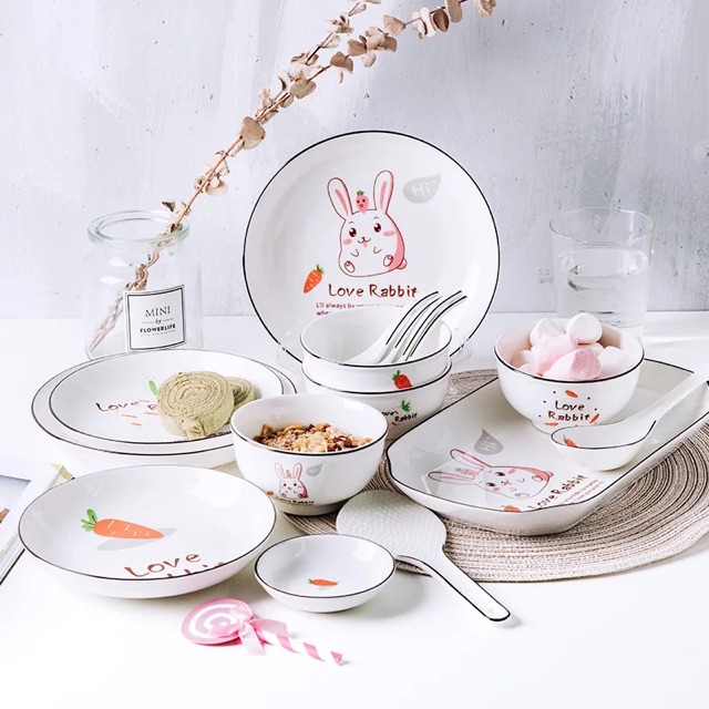 Bộ bát đĩa sứ 28 món LOVE RABBIT cực đáng yêu ( 2 mẫu ) - VS151