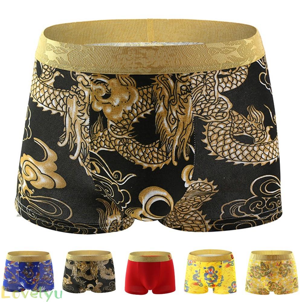 【LOVELYU】Mens Cotton Dragon Print Boxers Brief Shorts Nightwear Sleepwear Comfortable【Good Quality】