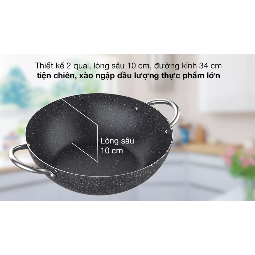 Chảo Nhôm Sâu Chống Dính Bếp Từ  Vân Đá  SUNHOUSE 34CM 36 CM Siêu Dày (dùng được trên mọi loại bếp) Mới 100% Chính Hãng