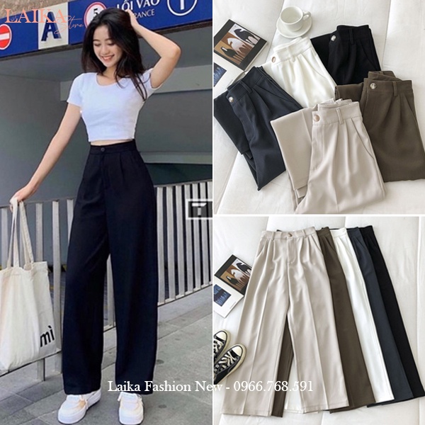 Quần ống rộng nữ lưng cao khóa trước thật vải tuyết mưa dày mềm dáng quần tây nữ ống rộng cạp cao đi học làm công sở đẹp