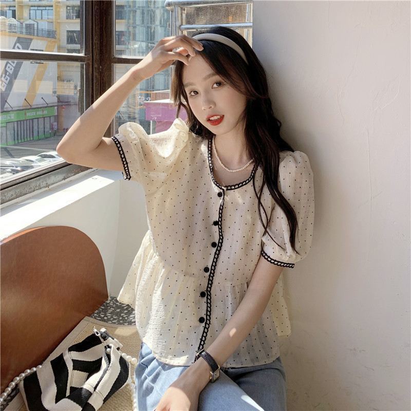 Áo Sơ Mi Tay Phồng Họa Tiết Chấm Bi Thời Trang Hàn Quốc