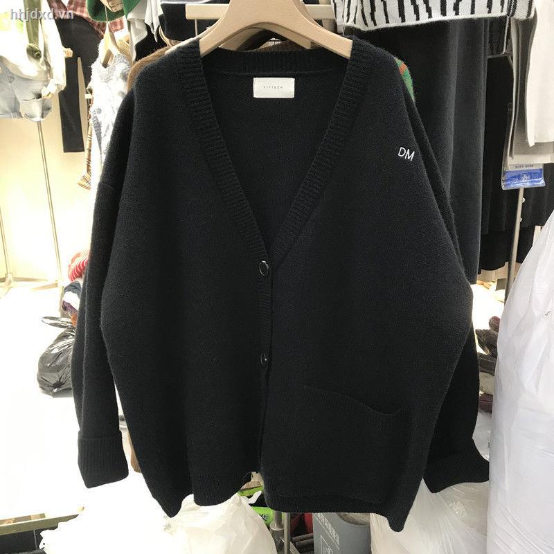 Áo khoác cardigan dệt kim cổ chữ V dáng rộng màu đen thời trang thu đông