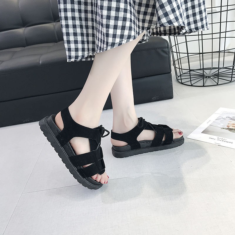 Giày Sandal Đế Bằng Thắt Dây Phong Cách Harajuku Cho Nữ