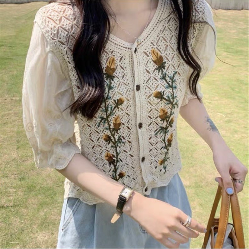 Áo thô đũi lưới thêu hoa siêu xinh Ulzzang style  Hàng Quảng Châu