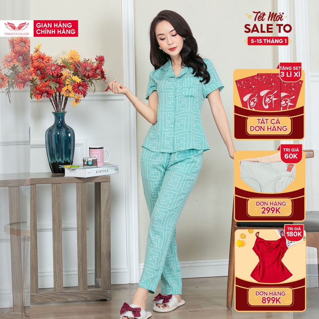 Đồ bộ nữ pyjama mặc nhà VINGO cát Hàn cao cấp tay cộc quần dài mùaThu Đông ấm áp họa tiết chữ F 2 màu H617 - TCQD