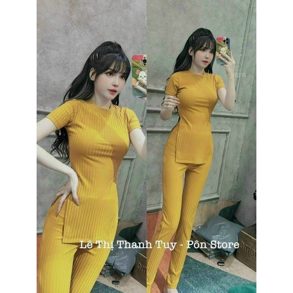 set đồ bộ thun gân, áo thun cổ tron xẻ tà khoe eo mix quần dài ôm