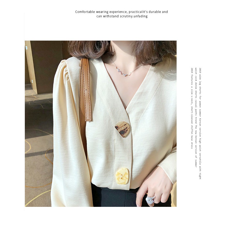 Áo sơ mi nữ đẹp kiểu Hàn Quốc, áo sơ mi nữ công sở cao cấp cổ V tay bồng | BigBuy360 - bigbuy360.vn