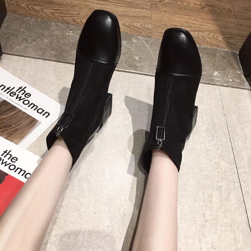 NEW Sale#Giày Martin ủng mỏng dây kéo phía trước ống trần đế vuông cao gót ngắn cho phụ nữ mùa thu và đông đơn .