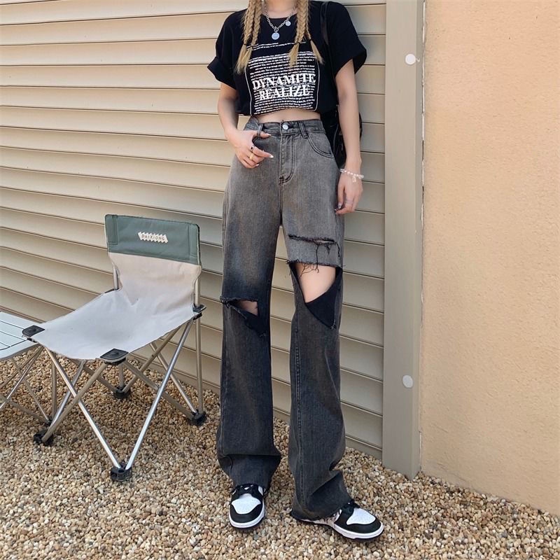 ✢►Quần Jean Nữ Lưng Cao Ống Rộng Rách Gối Màu Sắc Độc Đáo