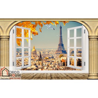 Tranh dán tường 3D cửa sổ hình tháp Eiffel