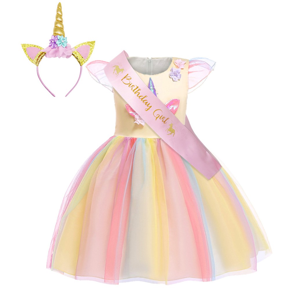 Đầm hóa trang tiệc sinh nhật / giáng sinh / Halloween họa tiết kỳ lân hoạt hình dễ thương cho bé gái