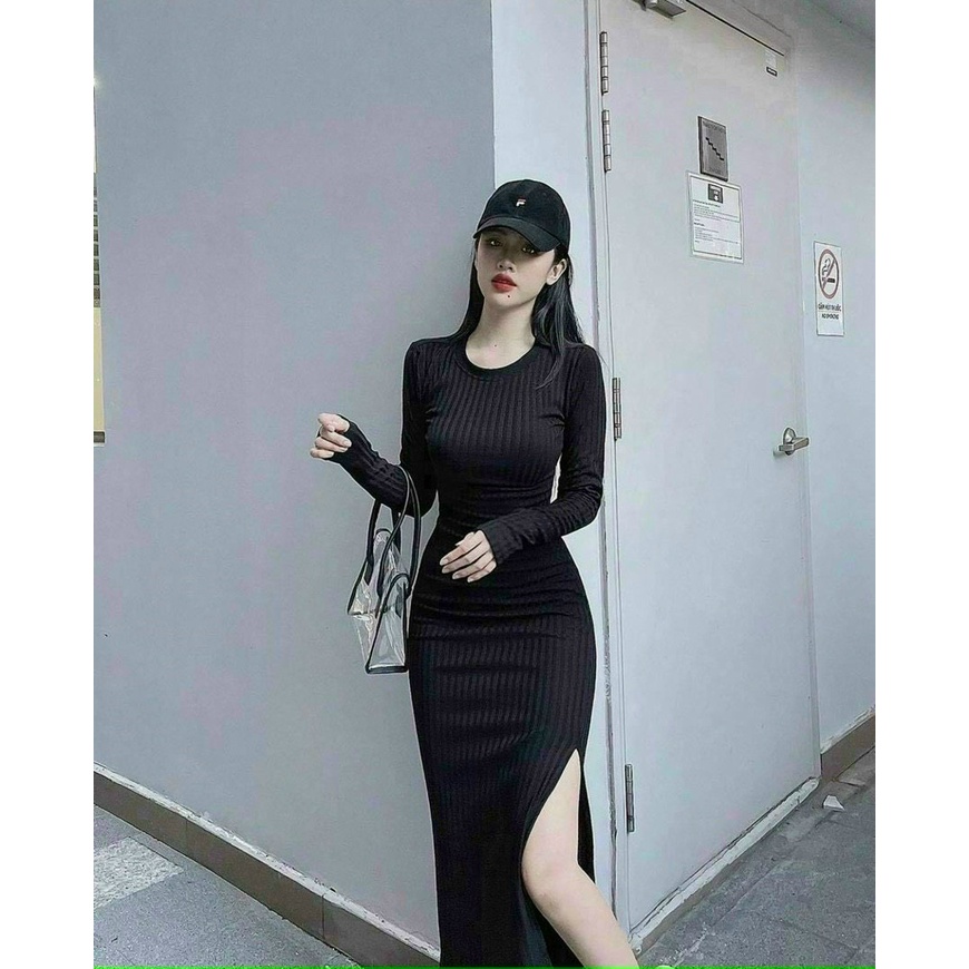 Đầm Ôm Body Sexy Tay Dài Xẻ Tà, Đầm Body Thun Gân Xẻ Đùi Sang Chảnh Siêu Xinh Thời Trang Nữ Minh Phúc