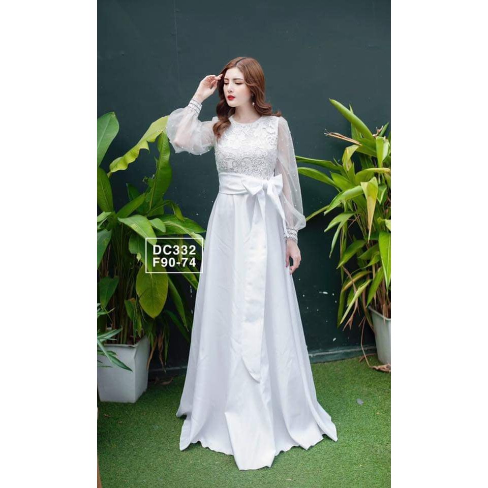Đầm maxi DC332 Phi trắng áo ren tay dài