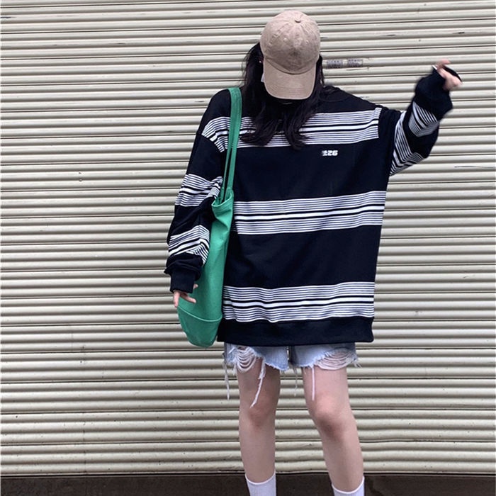【Yuki】Áo phông dài tay dành cho nữ kẻ sọc phong c ách Hàn QUốc | BigBuy360 - bigbuy360.vn