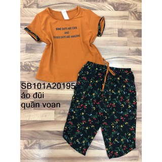 [Hastore] Đồ bộ mặc nhà quần lửng vải voan phối áo tay ngắn vải đũi [Có sẵn]