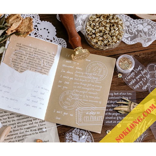 Túi 40 sticker trong suốt cỡ lớn hình ngân hà, câu quotes Vintage dán bullet journal, sổ tay STI10
