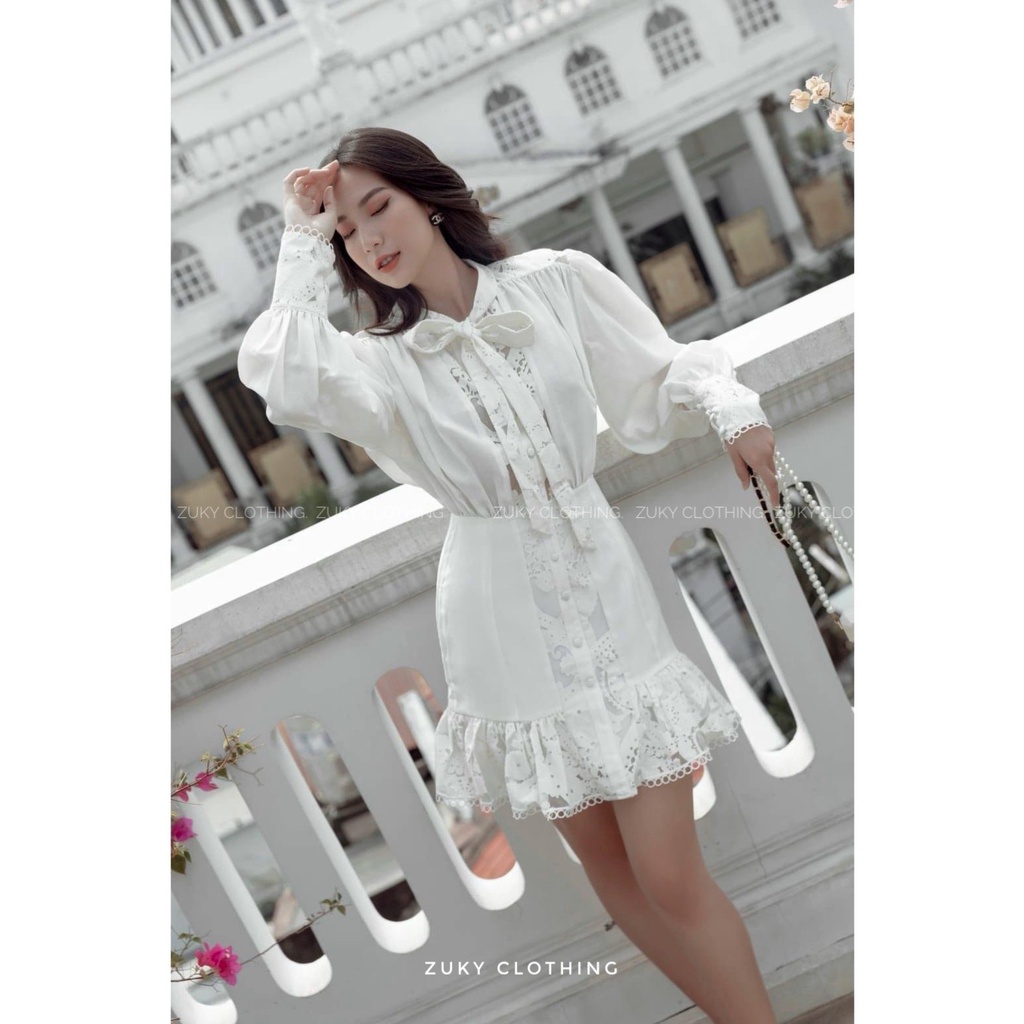[ ZUKY CLOTHING ] Đầm nơ cao cấp thiết kế chất liệu viền ren tiểu thư