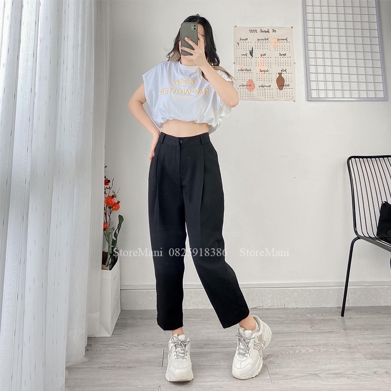 Quần tây baggy nữ cạp cao ống rộng đứng dám boom form rộng che khuyết điểm cực tốt màu đen ghi mặc đi học làm cực xinh