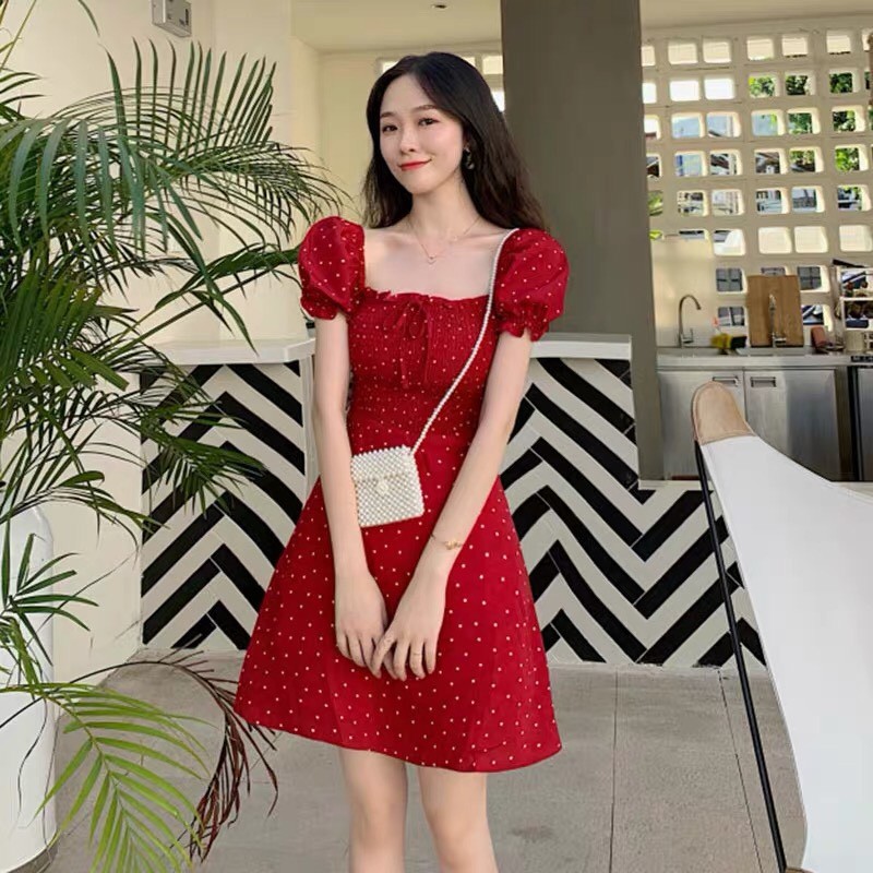 Váy vintage tay phồng dáng ngắn họa tiết chấm bi cute, Đầm nữ đẹp dáng suông phong cách ulzzang Hàn Quốc V04 - Peyy Clot | BigBuy360 - bigbuy360.vn