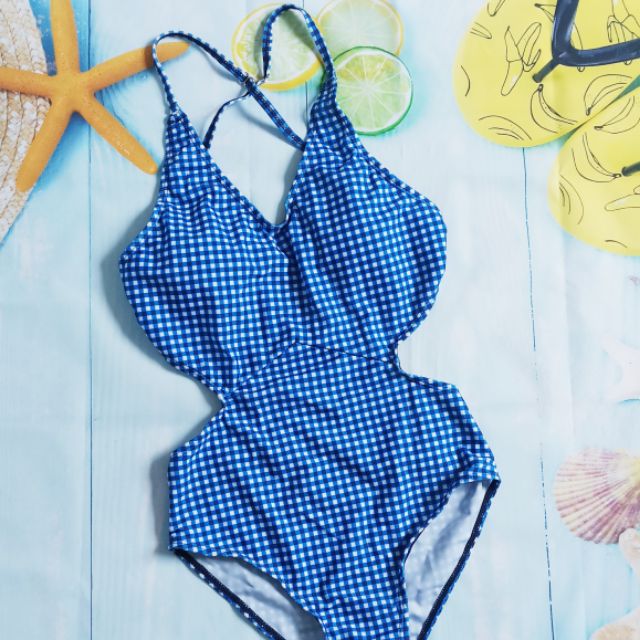 Bộ bơi bikini xanh caro chéo lưng
