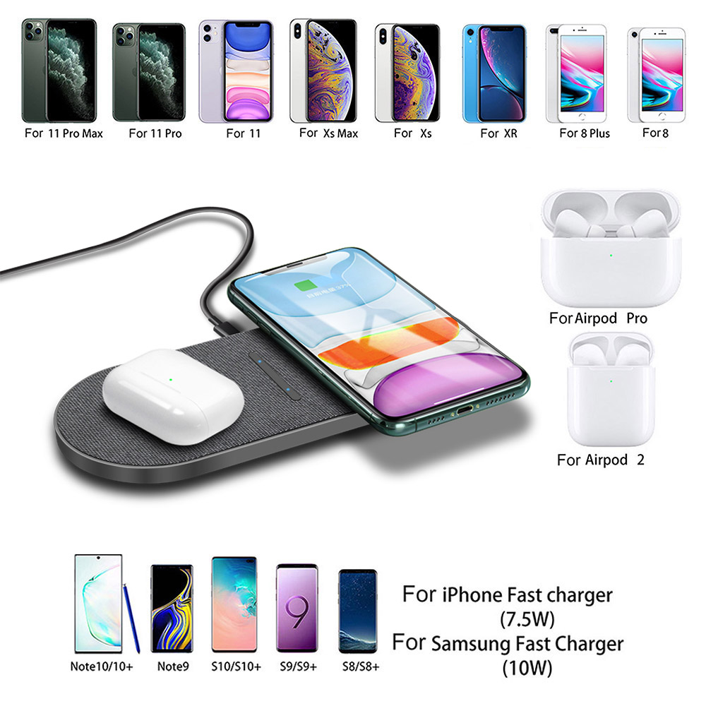 Thảm sạc nhanh không dây Qi 20W 2 trong 1 thích hợp cho iPhone 12 11 Pro XS XR X 8 Airpods Pro Samsung S20 S10