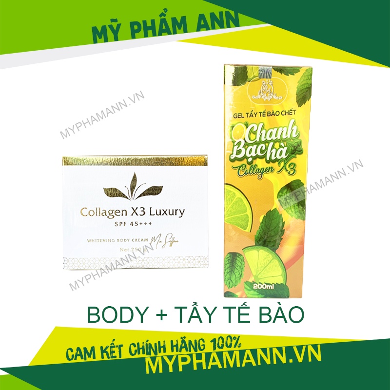 Kem Body Collagen X3 Luxury và Gel Tẩy Tế Bào Chanh Bạc Hà Colagen X3 chính hãng Mỹ Phẩm Đông Anh