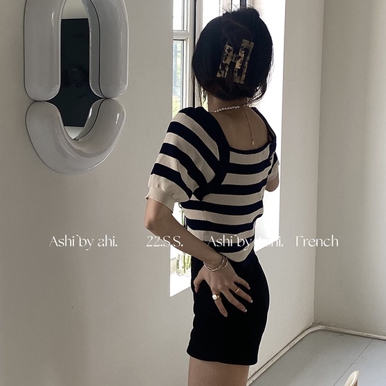 Áo dệt kim ZHELIHANGFEI ngắn tay cổ vuông kẻ sọc phối dây buộc thời trang trẻ trung