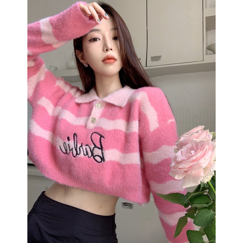 Áo Sweater Dáng Ngắn Họa Tiết Kẻ Sọc