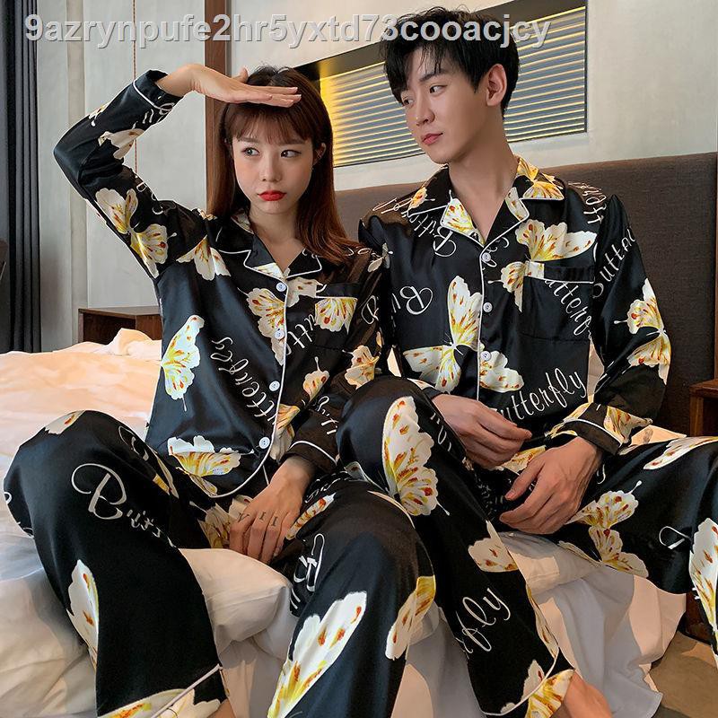 Cặp đôi pyjama mùa xuân và thu dài tay một người đàn ông phụ nữ hoạt hình mỏng hai mảnh phù hợp với lụa băng sexy ^