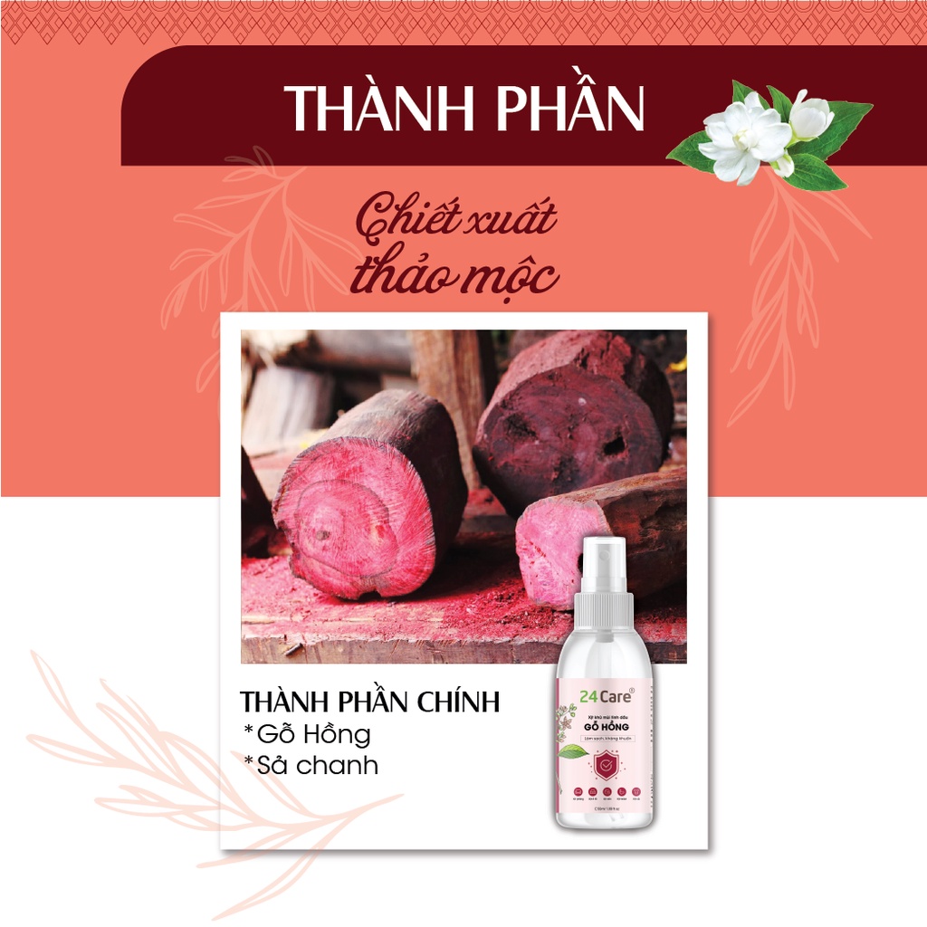 Combo 2 xịt khử mùi thơm phòng Gỗ Hồng + Oải Hương 24Care 50ml/chai