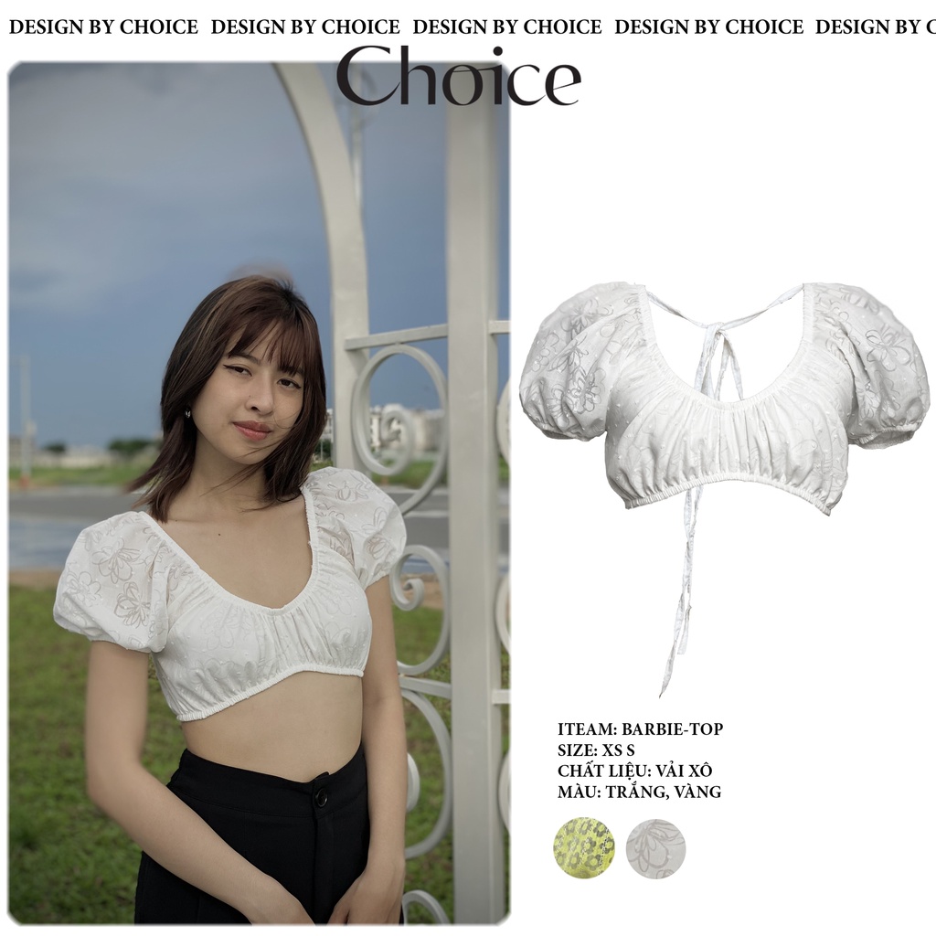 Áo Croptop Tay Phồng CHOICE Trễ Vai Cúp Ngực Cổ Tròn Hoa Cột Nơ Barbie-Top