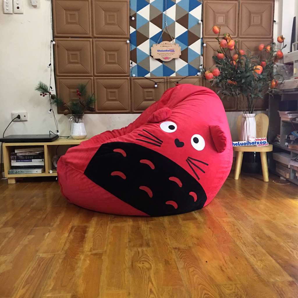Ghế xốp dáng lê Totoro đỏ, cỡ S, vỏ nhung ruột xốp Babykid