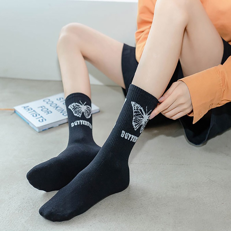 1 Đôi Tất Chân Cotton Họa Tiết Bướm Thời Trang