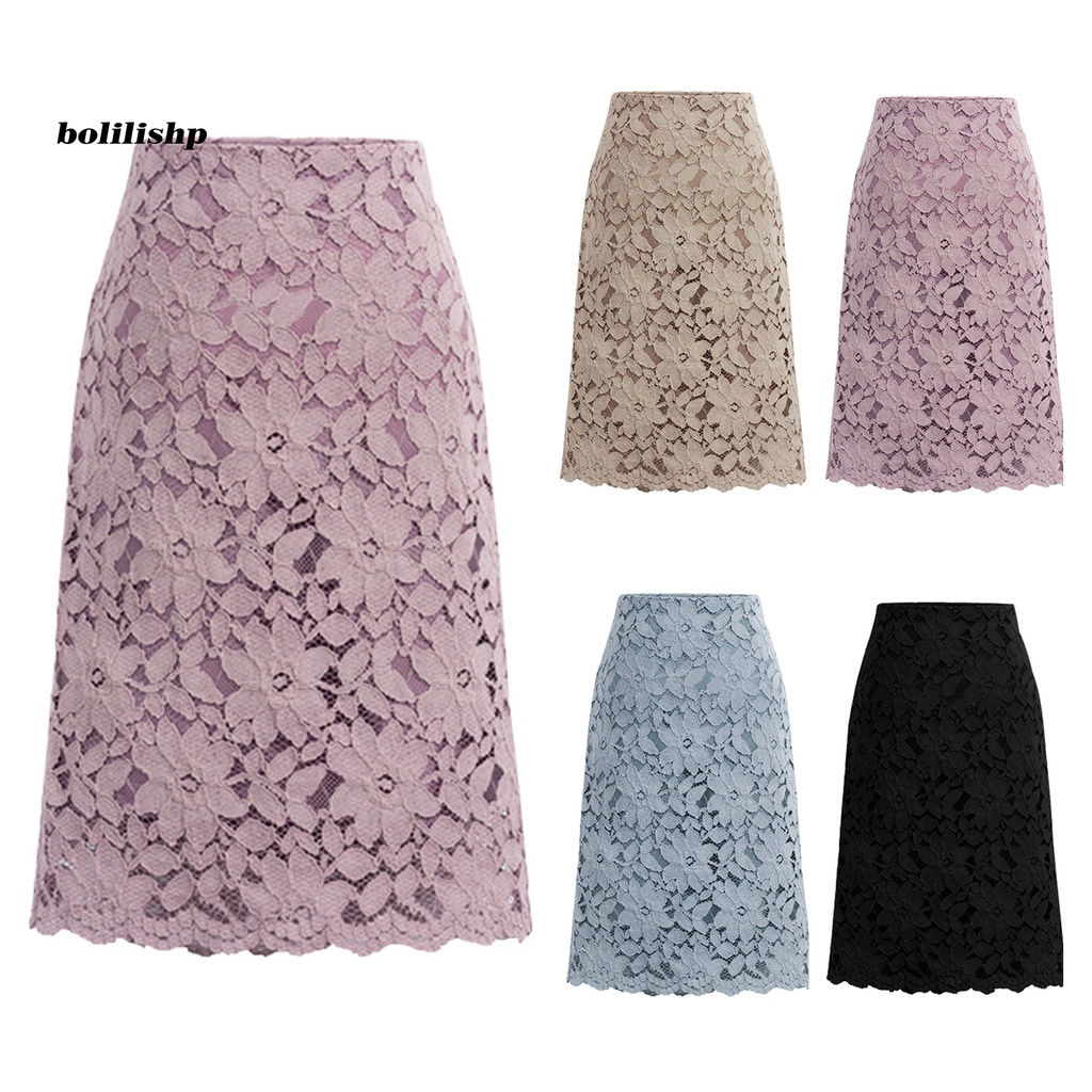 Chân Váy Ren Chữ A Dài Ngang Gối Lưng Cao Thanh Lịch Cho Văn Phòng