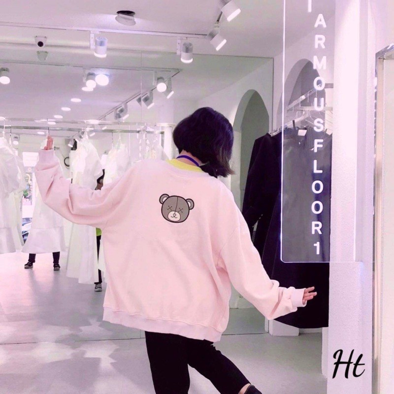 áo khoác bomber cài cúc dáng cadigian lô gô in gấu nâu