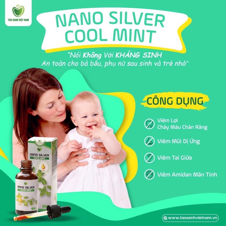NANO BẠC - Dung Dịch Sát Khuẩn Tai Mũi Họng NANO SILVER COOL MINT 30ml - Nano Bạc Táo Xanh Việt Nam - Tặng vỏ xịt
