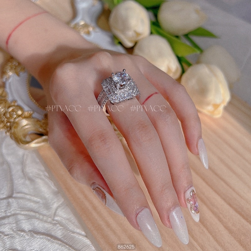 Set trang sức, bộ bông tai, dây chuyền, vòng tay, nhẫn xi bạch kim đá vuông đính full paguet .PTNACC.