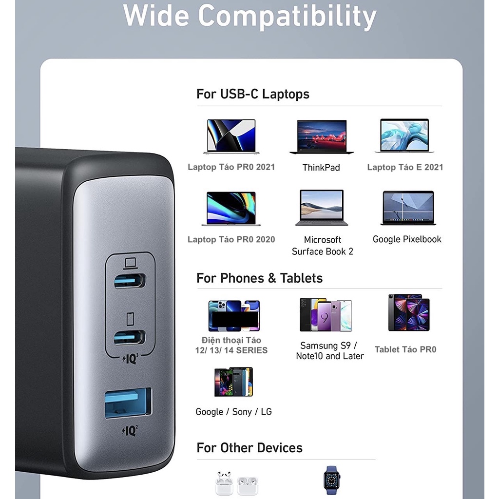 Củ sạc nhanh Laptop táo Pro, lP14 SERlES, S22, S21, Note 20 Ultra 5G ANKER A2145 GaN II 100W PPS/ PD 100W
